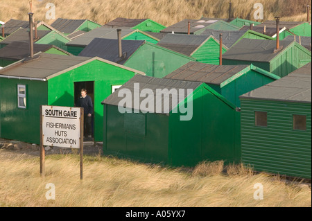 Fishermens Hütten am südlichen Gare, in der Nähe von Redcar Teeside, England Stockfoto