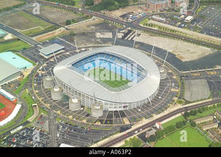 Luftaufnahme von Manchester City Football Club, die im City of Manchester Stadium spielen. Das Team ist als Stadt & Blues bekannt. Stockfoto
