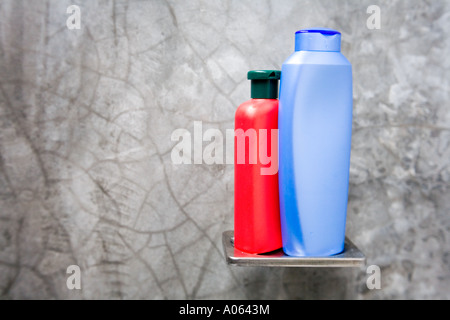 Shampoo und Spülung in einem kleinen Badezimmer Regal in eine moderne Nasszelle. Stockfoto