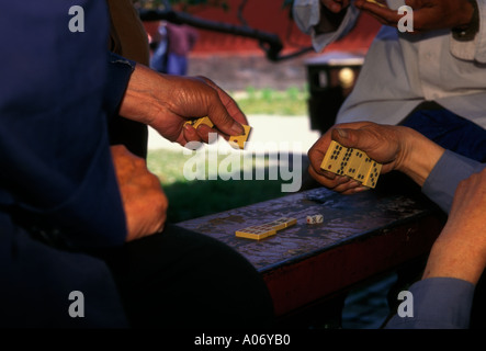 Chinesischer Mann, alter Mann, reifer Mann, Domino, Domino spielen, Tempel des Himmels Park, Tiantan Park, Peking, Peking, China, Asien Stockfoto