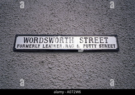 "^ Wordsworth Street," früher Leder, Rag und ^ Kitt Street "Zeichen, ^ Hawkshead, Cumbria" Stockfoto