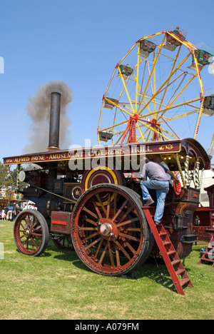 Royal Cornwall Show Country Event man on Working Steam Traction Engine Traditional Summer Fairground Fun Fair Ride Wadebridge Cornwall England UK Stockfoto