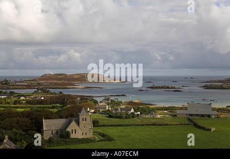 St. Nikolaus Kirche Tresco Scilly Scillies Cornwall England Insel alte Grimsby Inselhotel Runde Leuchtturm Helen Meeresküste Stockfoto