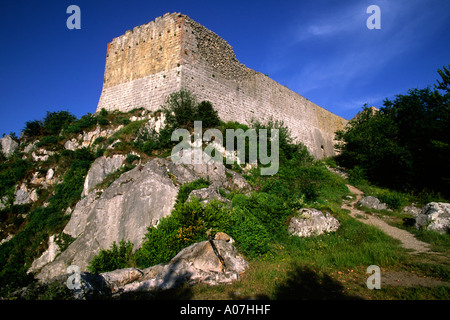 Chateau de Montségur, Ariege Pyrenäen, Frankreich. Letzte Zuflucht der Katharer im frühen 13. Jahrhundert. Stockfoto