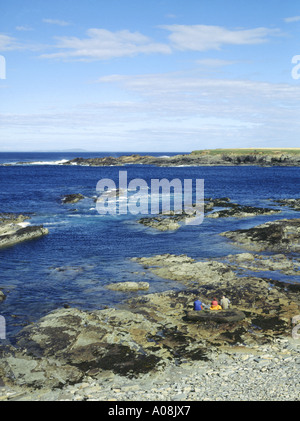 dh Nord Küste BIRSAY ORKNEY Leuteaufpassen Wellen an der felsigen Küste Stockfoto