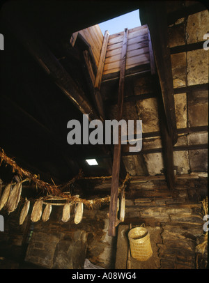 dh Kirbuster Bauernhof Museum BIRSAY ORKNEY Orkney Bauernhaus Schornstein mit gesalzenem Fisch Stockfoto