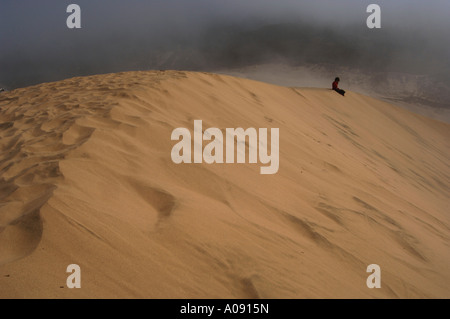 Junge sitzt auf Sanddünen, Siuslaw National Forest, Oregon, USA Stockfoto