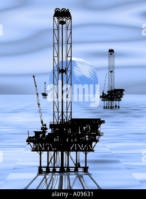 Meer-Öl-Bohr-Plattformen aus-Welt - konzeptionelle Foto Digital Illustration Stockfoto