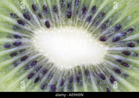 Kiwifrucht, Chinesische Stachelbeere (Schnitt Deliciosa), Frucht im Querschnitt mit Samen Stockfoto