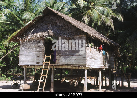 Ein typisches Haus in den Nikobaren. Die Häuser in Nikobaren sind auf Stelzen gebaut und die Dächer sind mit Palmenblättern gedeckt. Stockfoto