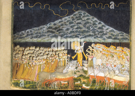 Krishna hebt Mount Govardhan. Kishnagarh, Rajasthan, Indien. Datiert: 1780 n. Chr. Stockfoto