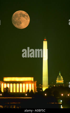 Mondaufgang über die Skyline von Washington DC zeigt das Lincoln Memorial Washington Monument und der U-Capitol-DA37240 Stockfoto