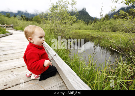 Junge Mädchen sitzen auf Holzsteg Trail mit Zweigen große vier Ice Caves Trail Cascade Mountains Washington USA Stockfoto