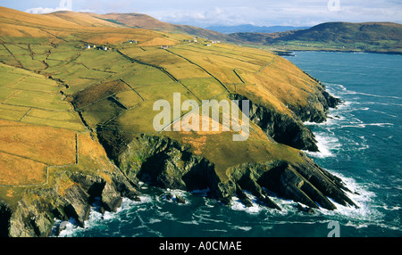 Landzungen Klippen und Bauernhöfe auf St Finans Bucht am westlichen Ende der Halbinsel Iveragh, County Kerry, Irland. Stockfoto