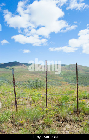 Zaun entlang hohe Wüste Berge an Frühlingstag Umptanum Ridge Eastern Washington USA Stockfoto