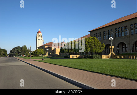 Blick auf Main Quad entlang der Serra Mall, Hoover Tower im Hintergrund, Stanford University, Stanford, Kalifornien, USA (Sept. 06) Stockfoto