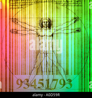 Vitruvianische Mensch Skizze von Leonardo da Vinci Compositing auf Barcode-Etikett Stockfoto