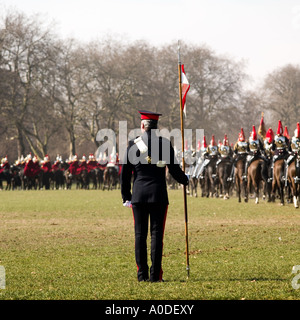 Household Cavalry training kein model Release verlangt: Rückansicht, Unschärfe und Uniform macht alles unkenntlich Stockfoto