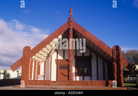 Maori Ancestral Haus der Begegnung, Whakarewarewa Thermal reservieren, Rotorua, Nordinsel, Neuseeland Stockfoto