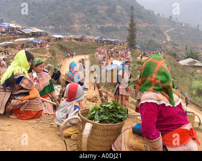 Vietnam Nordwesten können Cau Blume H Mong Minderheit Bergvolk Marktfrauen mit Käufen an steilen Hang über dem Markt Stockfoto