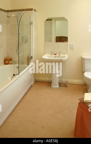 UK showhome Interieur, moderne Einbauküche, gefliestes Badezimmer. Stockfoto