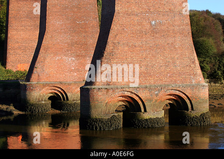 Grundträger Säulen der alten stillgelegten Eisenbahnviadukt über den Fluss Esk in der Nähe von Whitby. Stockfoto