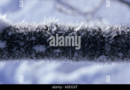 Nahaufnahme der Eiskristalle gebildet auf Holzstab Stockfoto