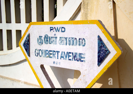 Französische Straße Zeichen, Pondicherry, Indien. Stockfoto