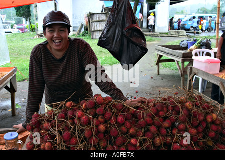 Frau verkaufen Rambutan (Nephelium Lappaceum) in Tomohon Markt, Sulawesi (Celebes), Indonesien, Asien Stockfoto
