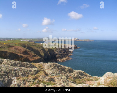 CEMAES BAY Insel von ANGLESEY NORTH WALES UK April suchen über die Bucht in Richtung Wylfa Head und Kraftwerk Stockfoto