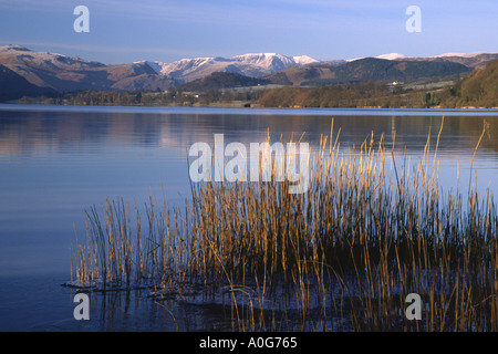 Schneebedeckte Lakelandpoeten Reihe von Bergen über eisige Ullswater an einem hellen ruhigen Morgen aus betrachtet Stockfoto