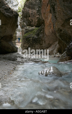 Walker auf Hängebrücke in der Mlinarica Schlucht, Trenta, Soca-Tal, Gorenjska, Slowenien. Stockfoto