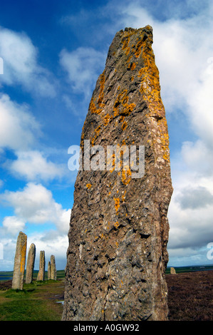 markanten Porträt der Ring von Brodgar alten stehenden Steinen Orkney mit einer großen Klappe im Vordergrund Stockfoto