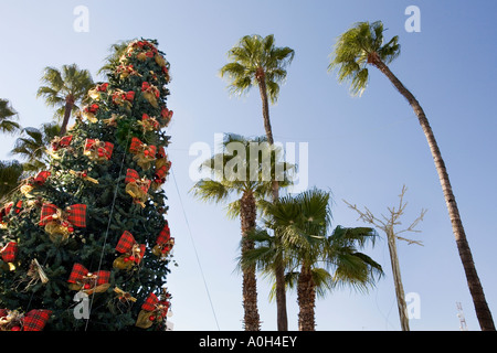 WEIHNACHTSBAUM UND DEKORATIONEN ERRICHTET IN LARNAKA ZYPERN AM STRAND Stockfoto