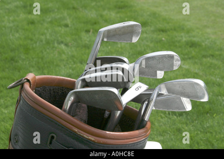 Nahaufnahme des Golfclubs in Golf-Bag auf grün. Stockfoto