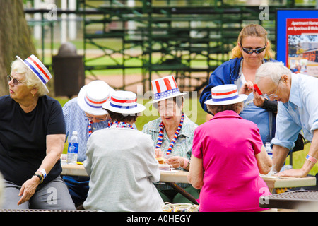 Ältere Männchen und Weibchen haben eine gute Zeit in einem 4. Juli Picknick Stockfoto
