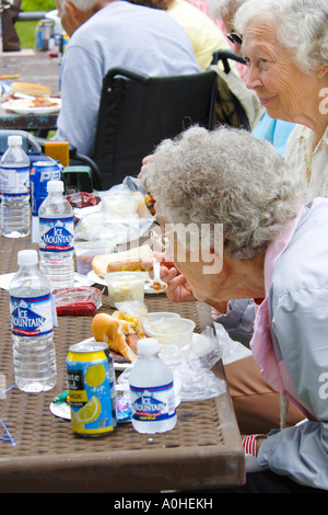 Ältere Weibchen haben eine gute Zeit in einem 4. Juli Picknick Stockfoto