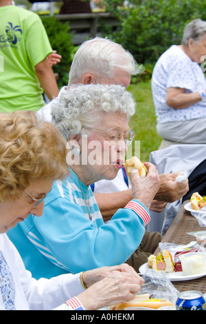 Ältere Weibchen haben eine gute Zeit in einem 4. Juli Picknick Stockfoto