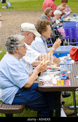Ältere Männchen und Weibchen haben eine gute Zeit in einem 4. Juli Picknick Stockfoto