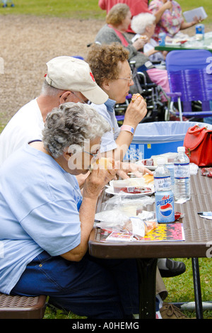 Ältere Männchen und Weibchen haben eine gute Zeit in einem 4. Juli Picknick Stockfoto
