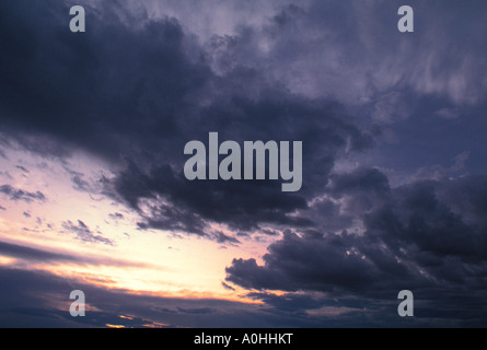 Dramatischer Himmel. Gewitterwolken. Sonnenuntergang dunkle schwarze Wolken mit Sonne, die durch Wolkenformationen scheint. Stockfoto