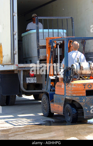 Ein Gabelstapler LKW bewegte Ladung um eine Fabrik Laderampe in Michigan Stockfoto