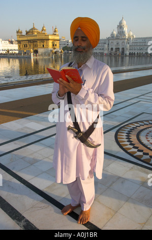 Indien Punjab Amritsar Golden Tempel prominenter Sikh spirituelles Heiligtum elegante Sikh Pilger mit orange Turban weißen Kleid und ziehen Sie Stockfoto