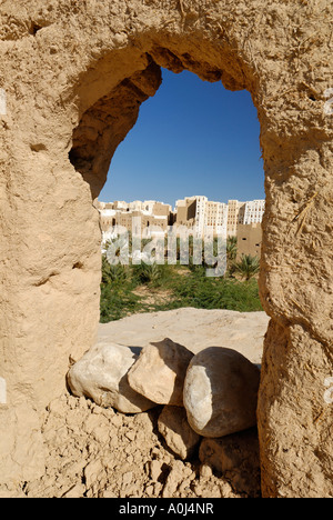 Blick auf die alte Stadt von Shibam, Wadi Hadramaut, Jemen Stockfoto