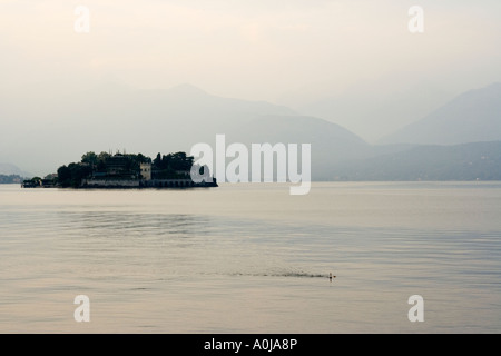 Stresa Lago Maggiore Italien Seeblick Acrossl auf der Isola Bella mit einsamer Schwimmer Stockfoto