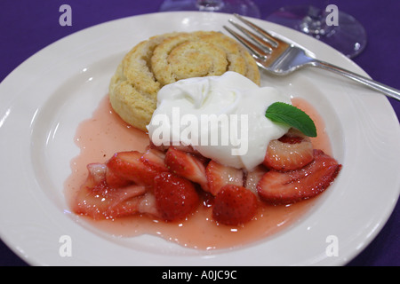 Cleveland Ohio, einfaches Händlergebäude, Dessert, Erdbeer-Shortcake, Gabel, Teller, Schale, OH0611040034 Stockfoto