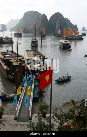 Touristischen Boote Segeln bis zur Landung für Hang Sung Sot Höhle - die Höhle von Überraschungen in Ha Long Bucht, Vietnam Stockfoto