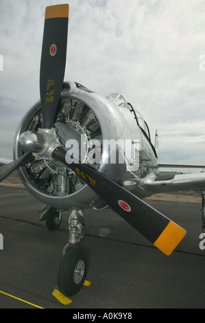 T-28 Trojan Schulflugzeug sitzt auf der Rollbahn, Nahaufnahme Blick auf Propeller und Motorgehäuse Stockfoto