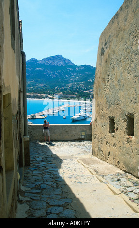 historische Straße in der Altstadt der Zitadelle. Calvi, Balagne, Korsika, Frankreich Stockfoto