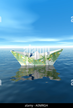 Papierschiff Euro versenden Papierschiff aus Euro Stockfoto